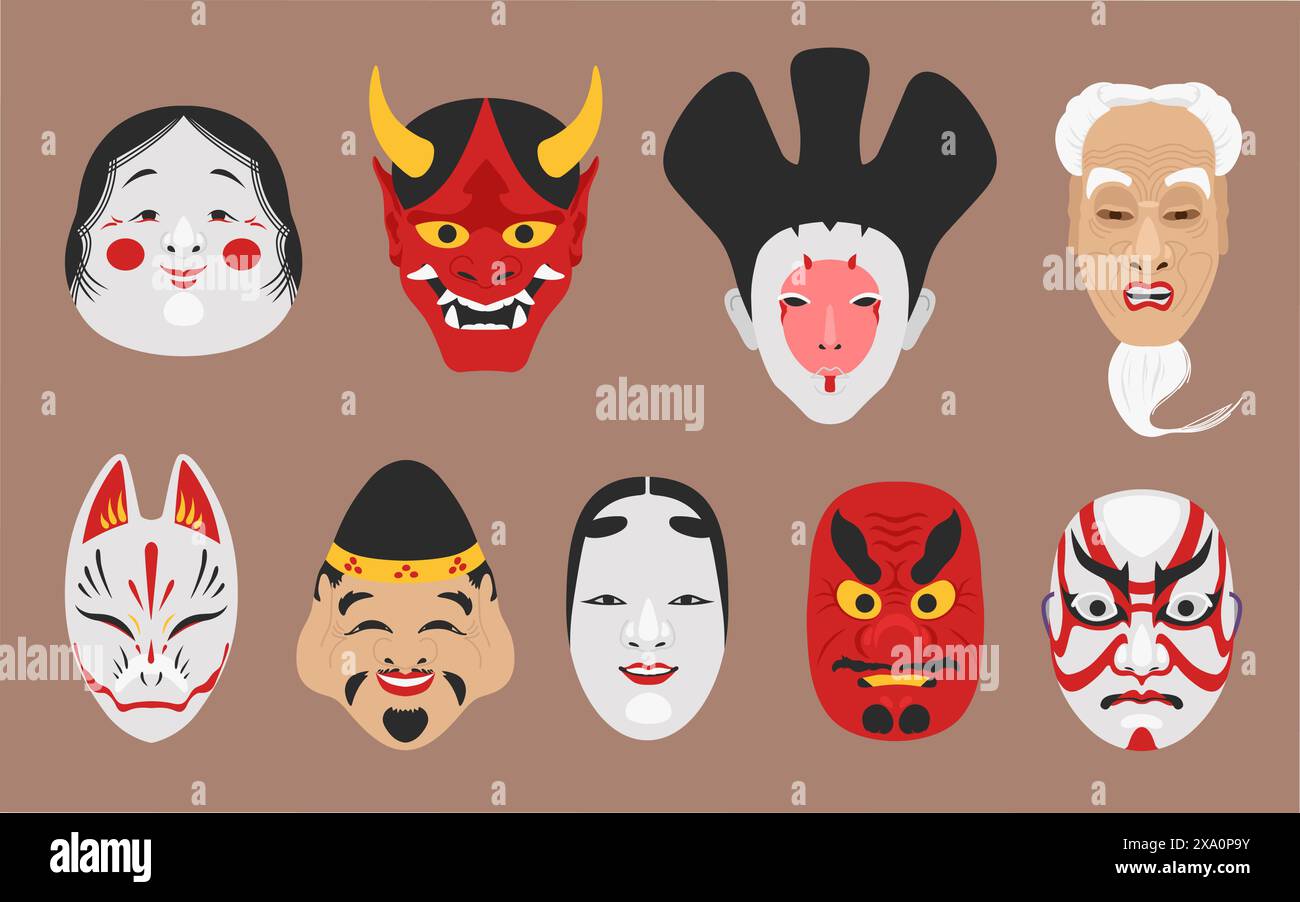 Maschere Kabuki. Maschera giapponese medievale noh volto demoniaco, festival giapponese tradizionale, antichi demoni dio oni tengu okame hanya, ingegnosa illustrazione vettoriale della maschera giapponese kabuki Illustrazione Vettoriale