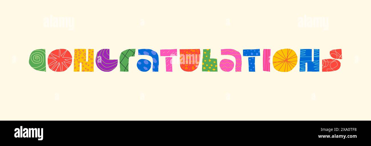 Congratulazioni, concetto di iscrizione decorativa astratta. Forme grafiche moderne e colorate che si congratulano con la scritta simbolo. Logo creativo di tendenza positivo. Biglietto di auguri luminoso badge eps Illustrazione Vettoriale