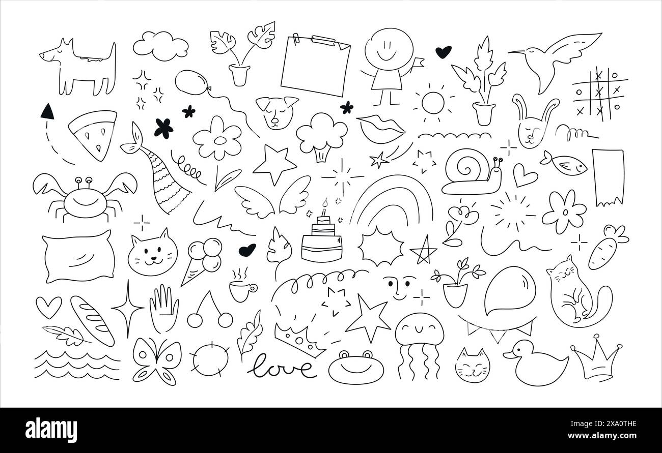 Collezione di elementi per contorno di doodle per bambini. Animali, piante e oggetti disegnati a mano in stile scarabeo. Illustrazione vettoriale Illustrazione Vettoriale