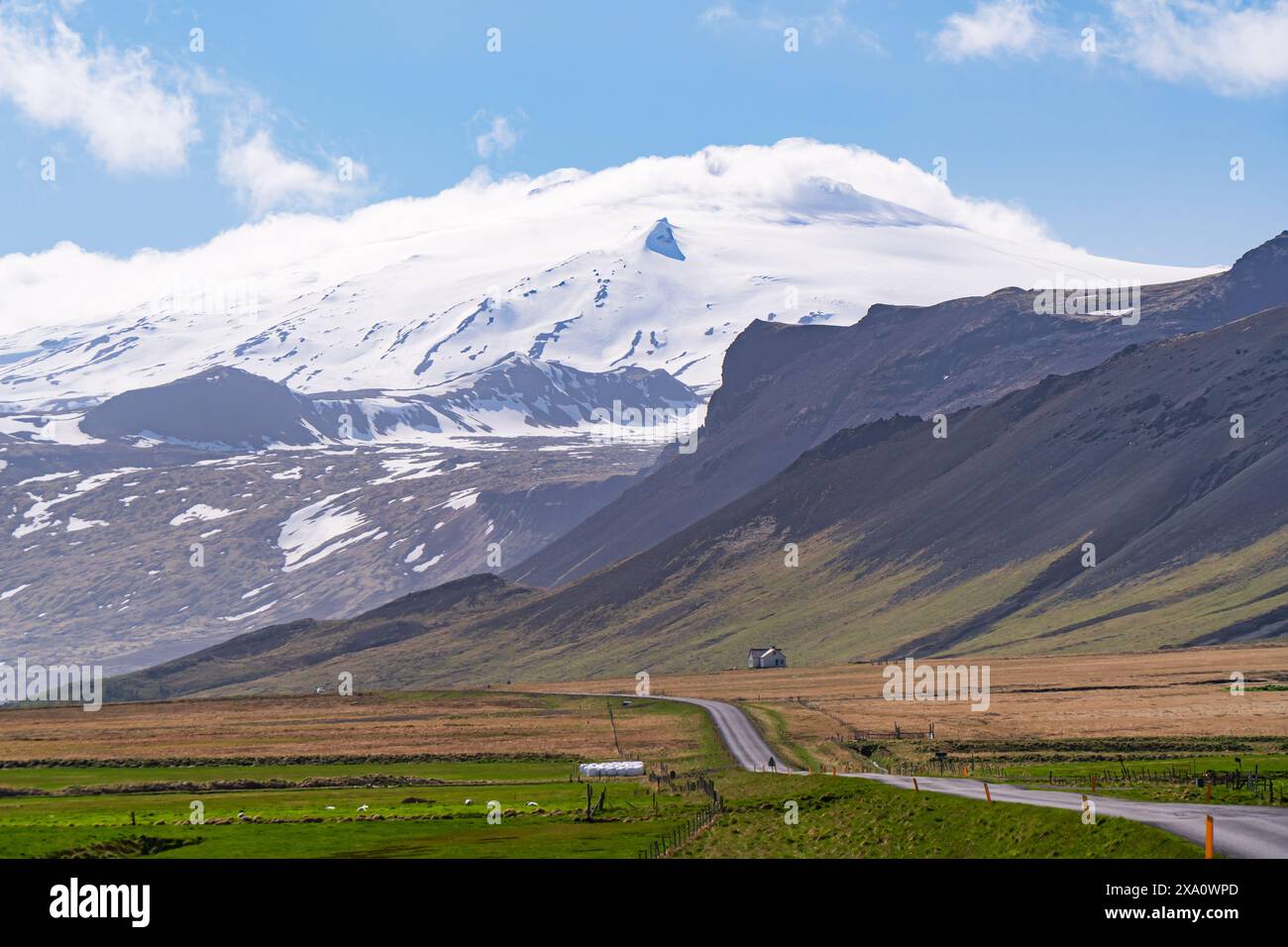 Strade panoramiche dell'islanda, strada 54 con lo stratovulcano Snæfellsjökull, campi verdi e montagne innevate. Luce brillante, inizio estate. Foto Stock