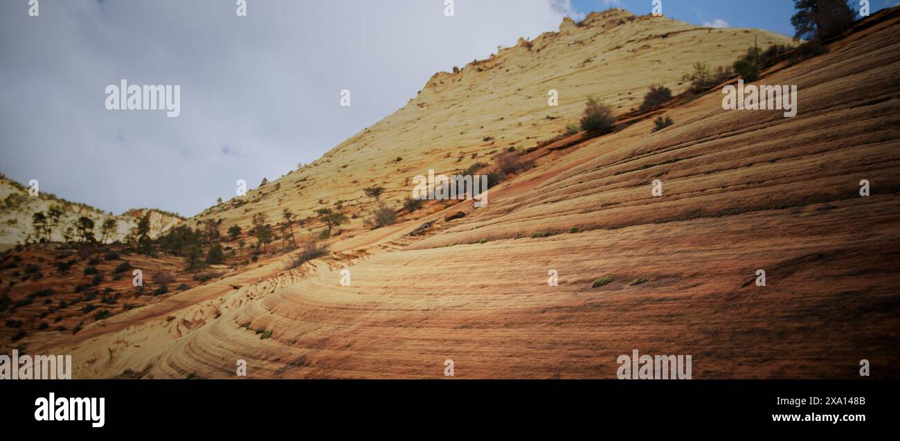 Colline rosse e montagne sotto un cielo blu con nuvole sopra nel Parco Nazionale di Zion all'inizio della primavera Foto Stock