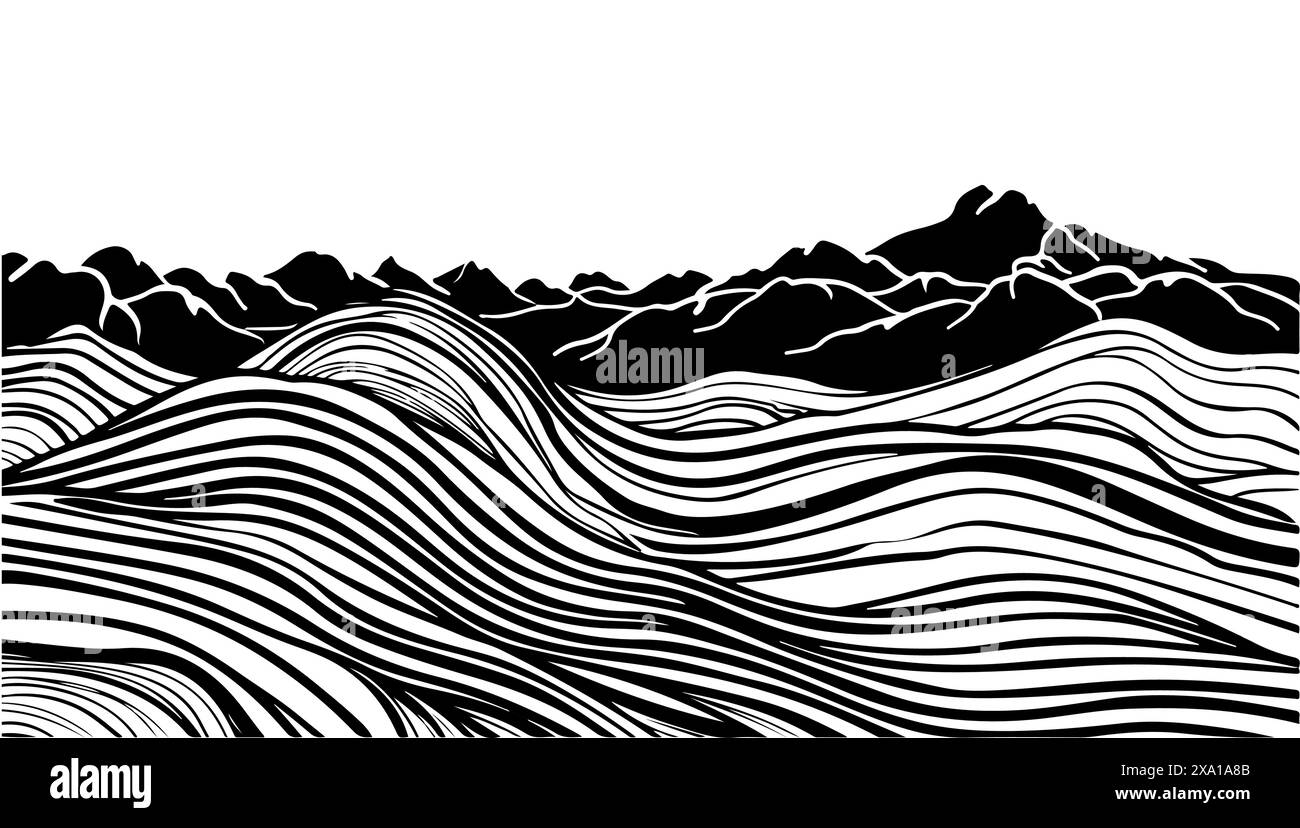 paesaggi astratti in stile giapponese vettoriale onde nere su sfondo bianco Illustrazione Vettoriale