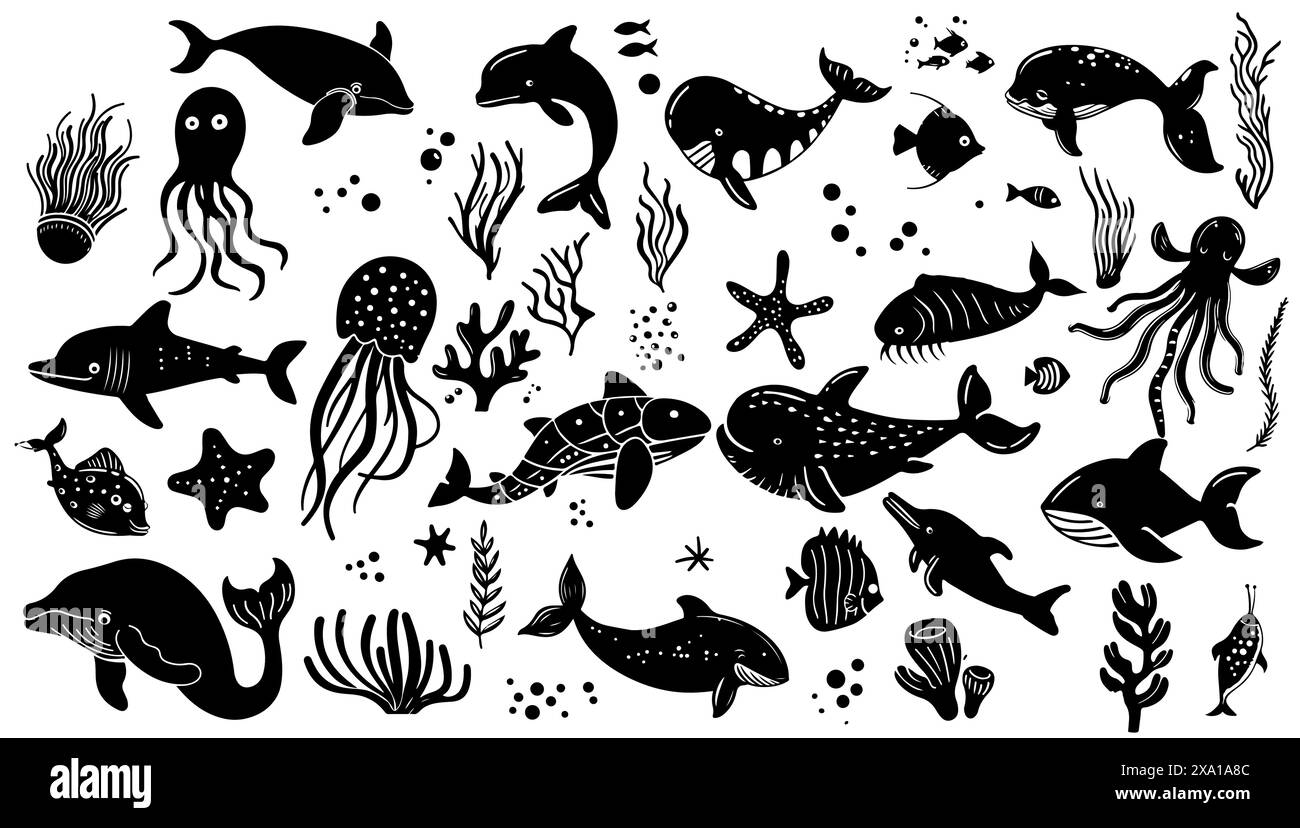 Illustrazione di creature marine disegnate a mano in bianco e nero vettoriale. Grafica di animali subacquei e collezione disegna l'icona della silhouette della fauna marina Illustrazione Vettoriale