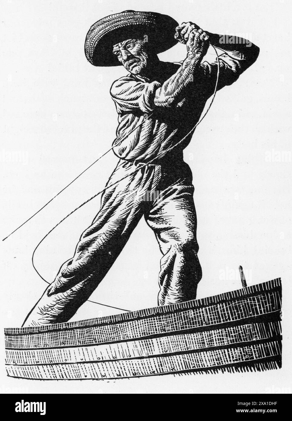 Illustralion dal libro The Old Man and the Sea di Ernest Hemingway, pubblicato dalla Book Folio Society nel 1953. Opera di Raymond Sheppard. Foto Stock
