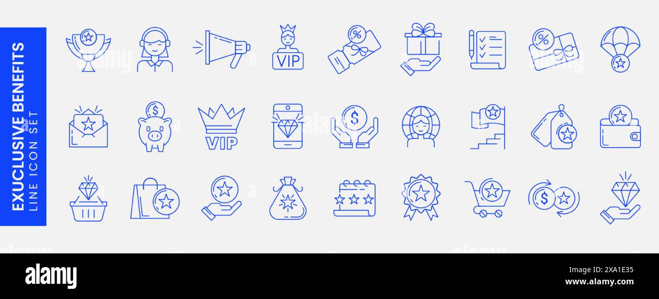 Icone di vantaggi esclusivi. Set di icone del programma fedeltà con stella, diamante, cliente vip, voucher regalo, buono sconto, riscatta punti, premi, tessera di iscrizione. Simbolo bonus speciale. Cashback, risparmia. Illustrazione Vettoriale