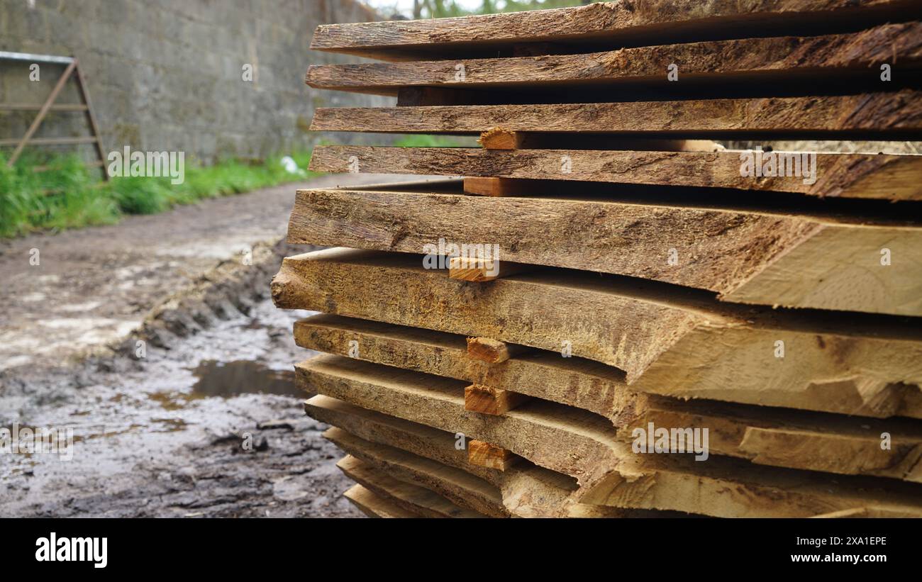 Una pila di lastre di legno di quercia sul terreno fangoso Foto Stock