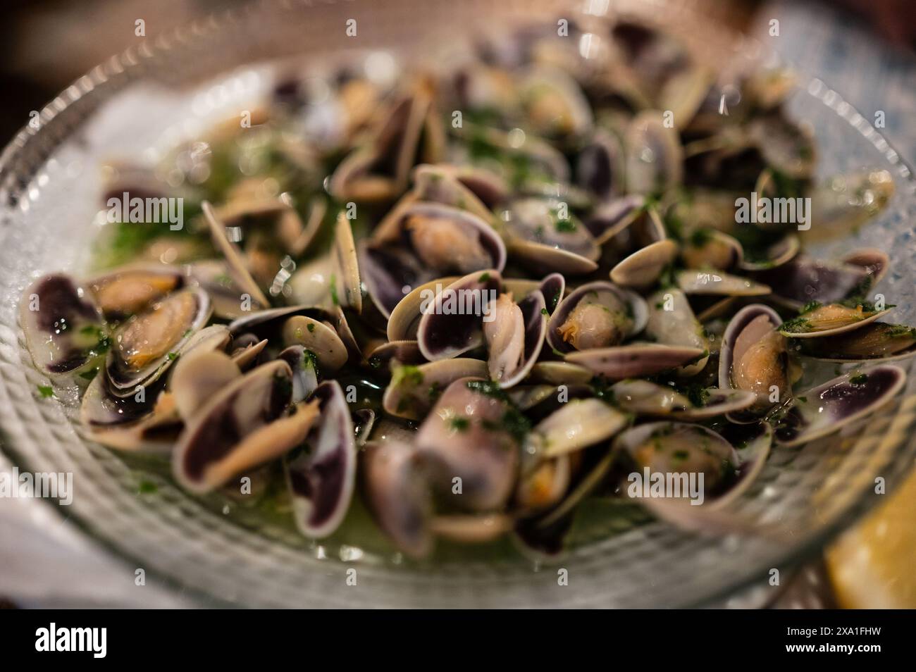 Vongole Tellina nel ristorante la Arbica a Peñiscola, Castellon, Comunità Valenciana, Spagna Foto Stock