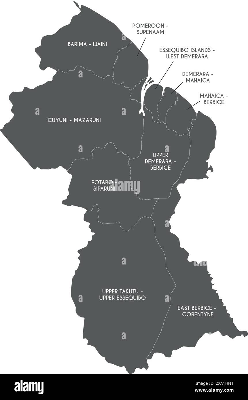 Mappa vettoriale della Guyana con regioni e divisioni amministrative. Livelli modificabili ed etichettati in modo chiaro. Illustrazione Vettoriale