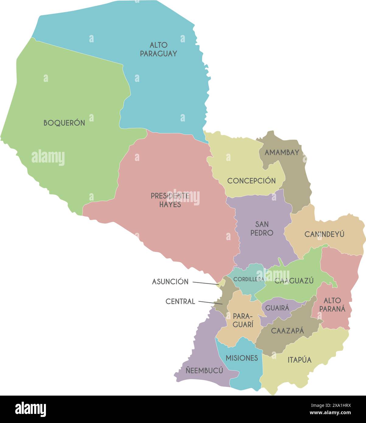 Mappa vettoriale del Paraguay con dipartimenti, distretto della capitale e divisioni amministrative. Livelli modificabili ed etichettati in modo chiaro. Illustrazione Vettoriale