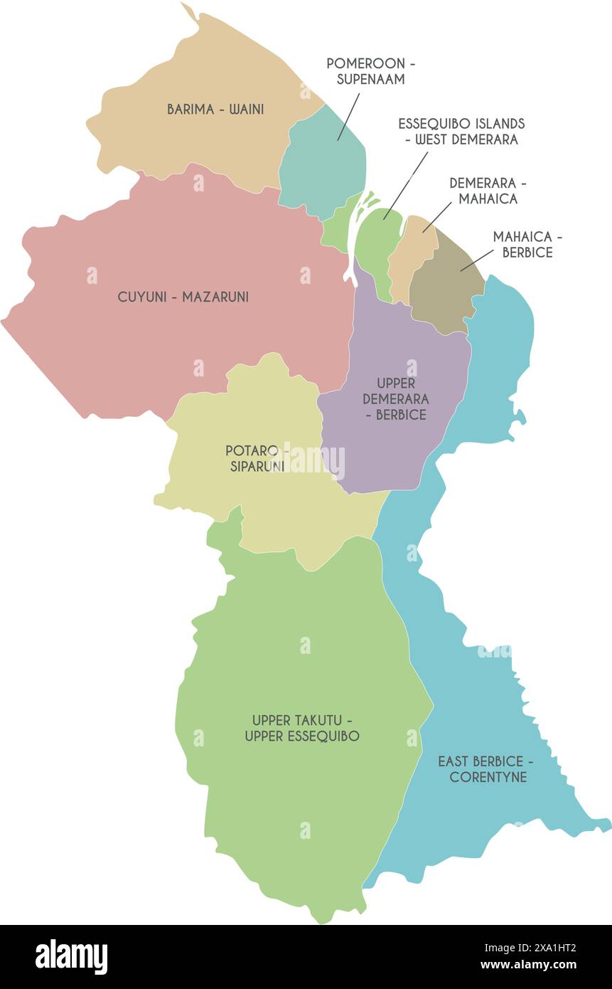 Mappa vettoriale della Guyana con regioni e divisioni amministrative. Livelli modificabili ed etichettati in modo chiaro. Illustrazione Vettoriale