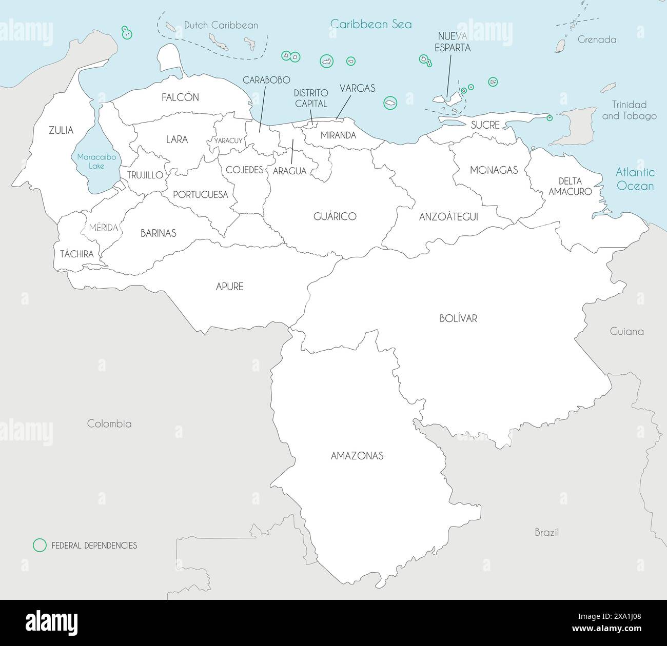 Mappa vettoriale del Venezuela con gli stati, il distretto della capitale, le dipendenze federali e le divisioni amministrative e i paesi vicini. Modificabile e cle Illustrazione Vettoriale