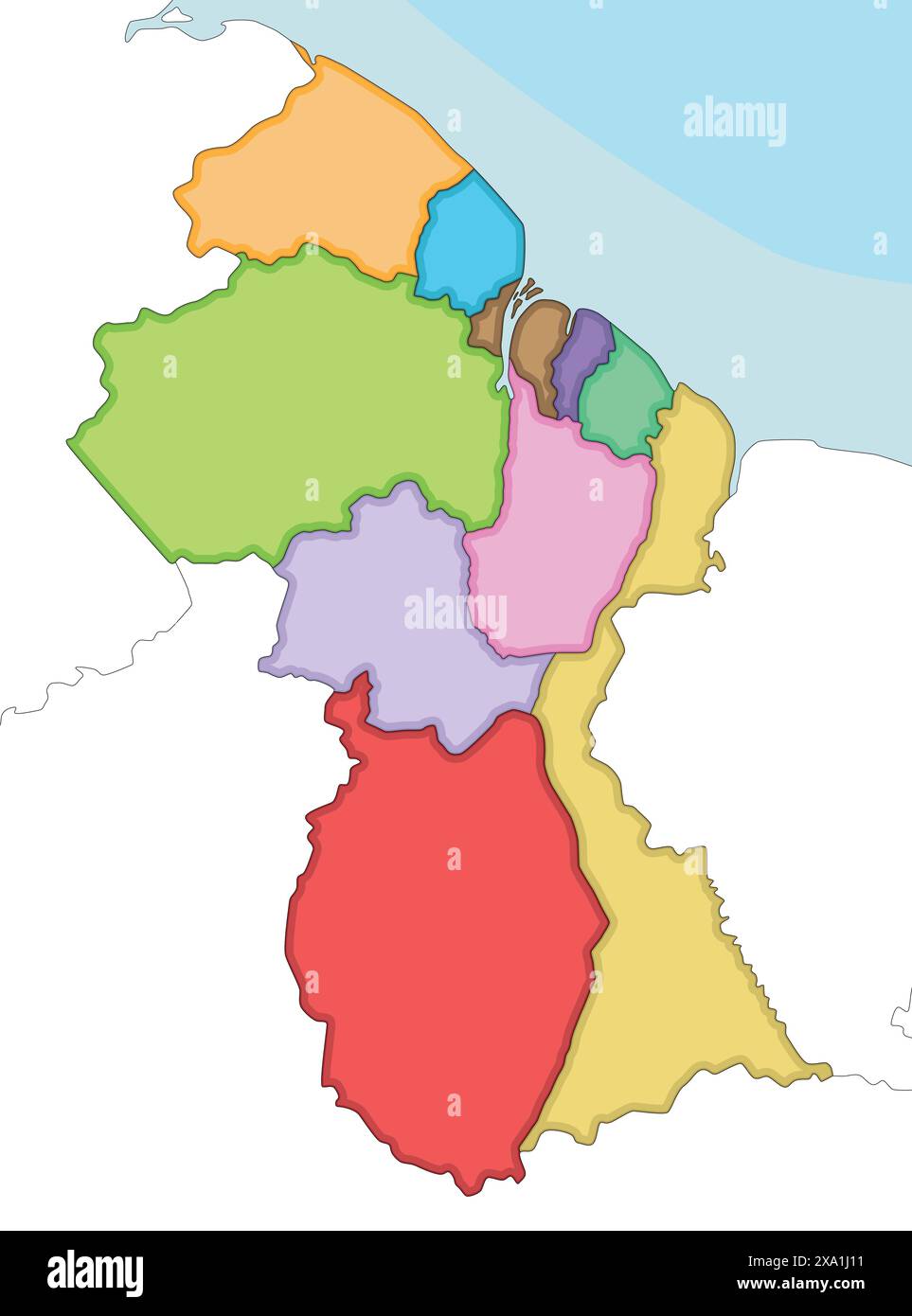 Vettoriale ha illustrato una mappa vuota della Guyana con regioni e divisioni amministrative e paesi vicini. Livelli modificabili ed etichettati in modo chiaro. Illustrazione Vettoriale