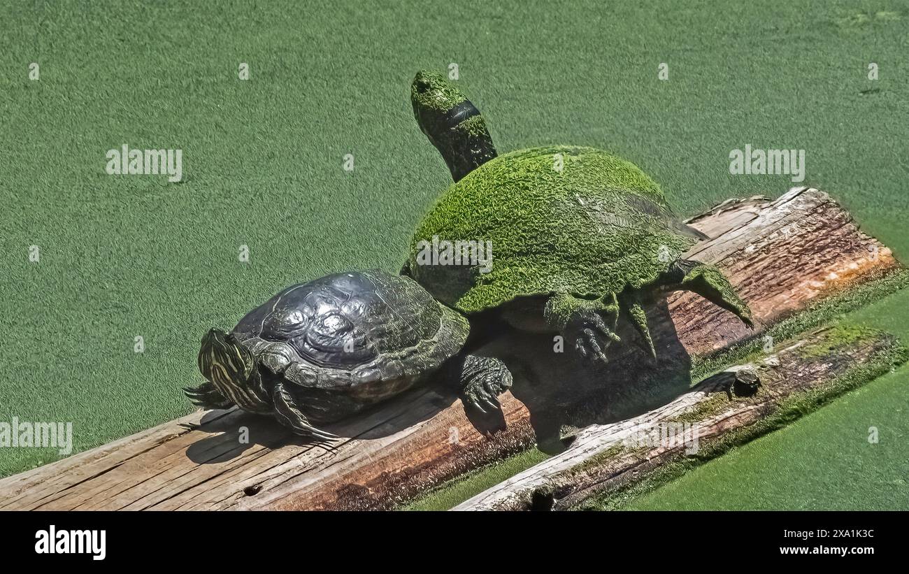 Effetti dei cambiamenti climatici su un paio di Terrapins di tartarughe rosse (Trachemys scripta elegans) ricoperti da un laghetto in fiore di cianobatteri algali Foto Stock