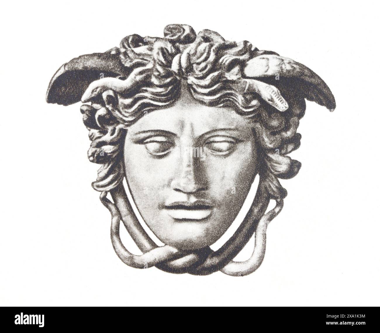 Antica scultura greca in marmo di Medusa la Gorgone. Fotografia della metà del XX secolo. Foto Stock