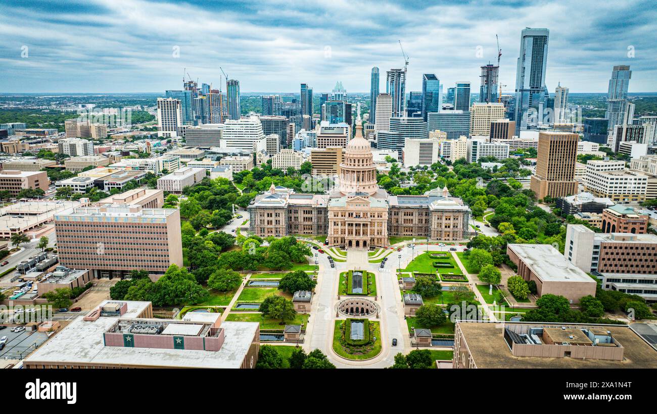 Una vista dall'alto dell'edificio del Campidoglio del Texas ad Austin, Texas. Foto Stock