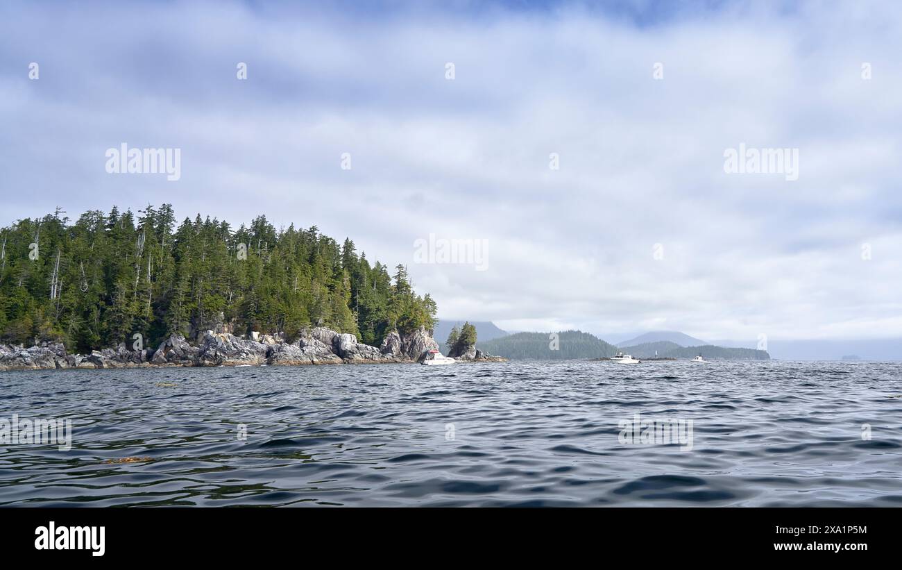 Piccole imbarcazioni da diporto che pescano la mattina presto accanto a un'isola aspra ricoperta di alberi con nuvole soffici sopra la testa. Foto Stock