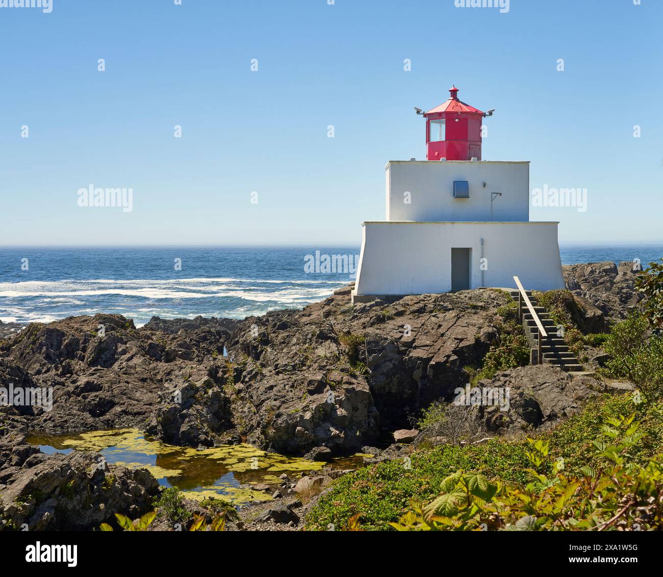 Il faro di Amphitrite Point si trova in alto su aspre rocce marroni con vegetazione verde in primo piano e un oceano blu profondo sullo sfondo. Foto Stock