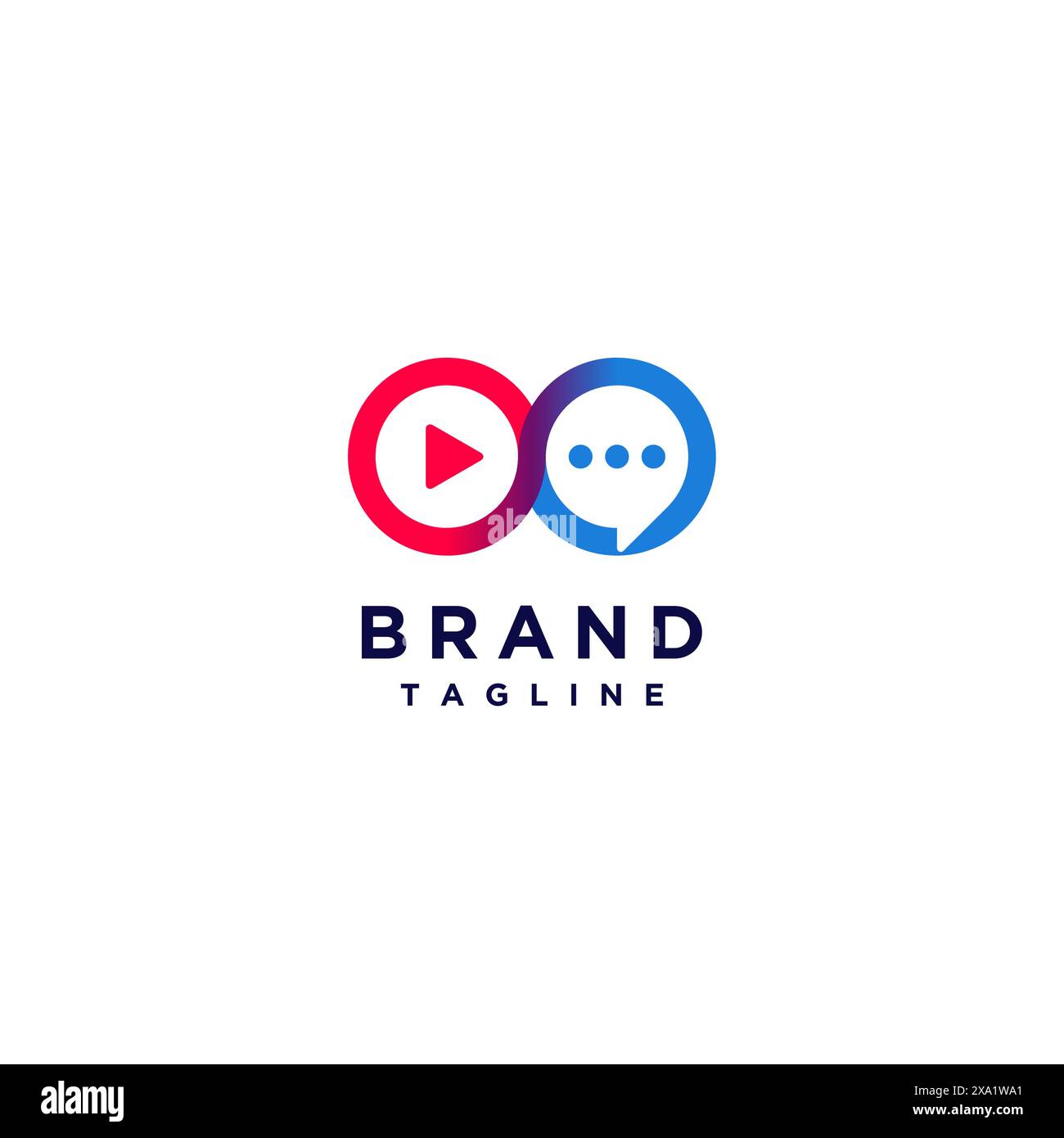 Pulsante di riproduzione e icona del messaggio nel simbolo Infinito. Simbolo Infinity con pulsante Play e icona messaggio Logo Design. Illustrazione Vettoriale