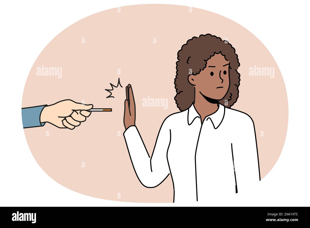 Donna afroamericana che si rifiuta di fumare facendo un gesto di proibizionismo a portata di mano con sigaretta fatta di tabacco e nicotina. La ragazza etnica vuole smettere di fumare e combattere le cattive abitudini che creano dipendenza Illustrazione Vettoriale