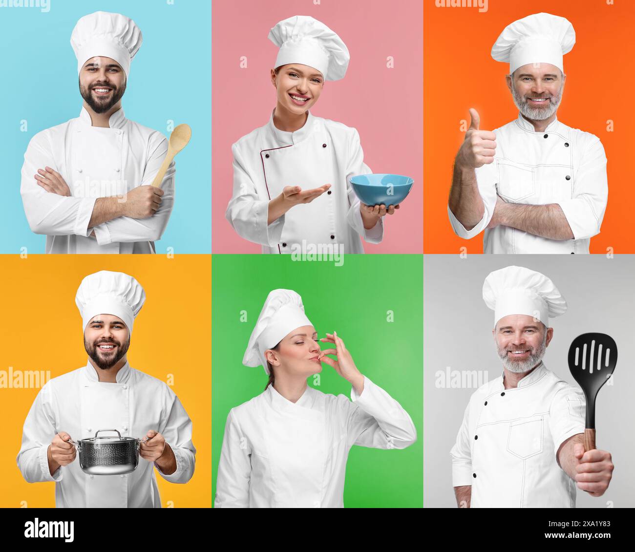Collage con foto di chef professionisti su sfondi di colore diverso Foto Stock