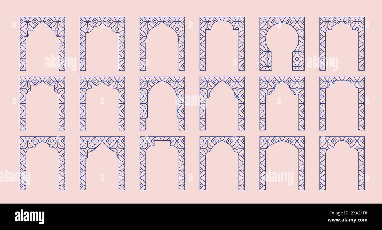 Cornice orientale araba, arco, porta. Lussuose finestre musulmane dalle linee sottili blu, cancelli. Clipart vettoriale. Illustrazione Vettoriale