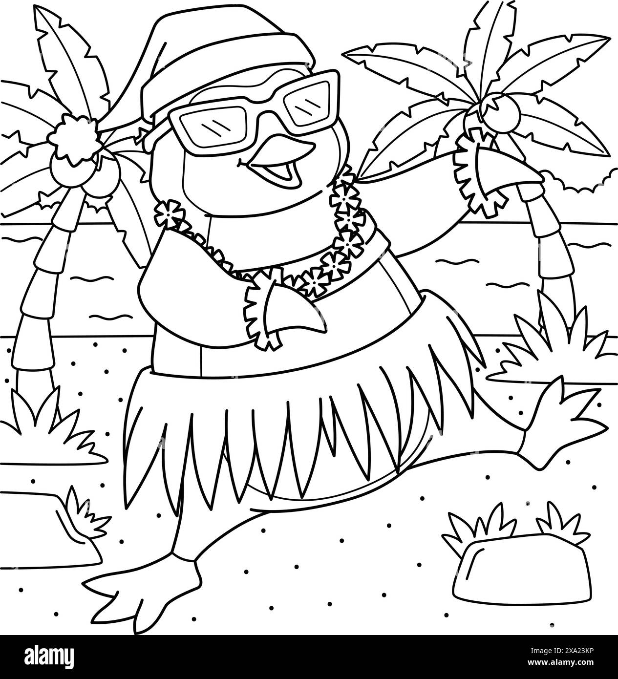 Natale a luglio pagina da colorare dei pinguini per bambini Illustrazione Vettoriale