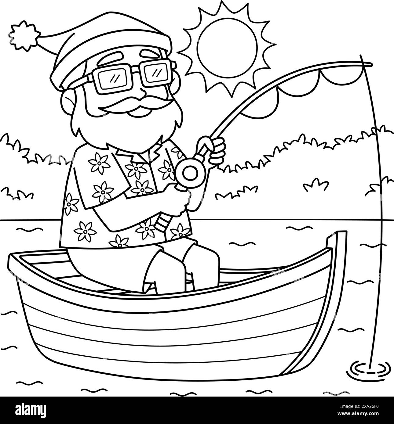 Natale a luglio Babbo Natale pesca Coloring Page Illustrazione Vettoriale