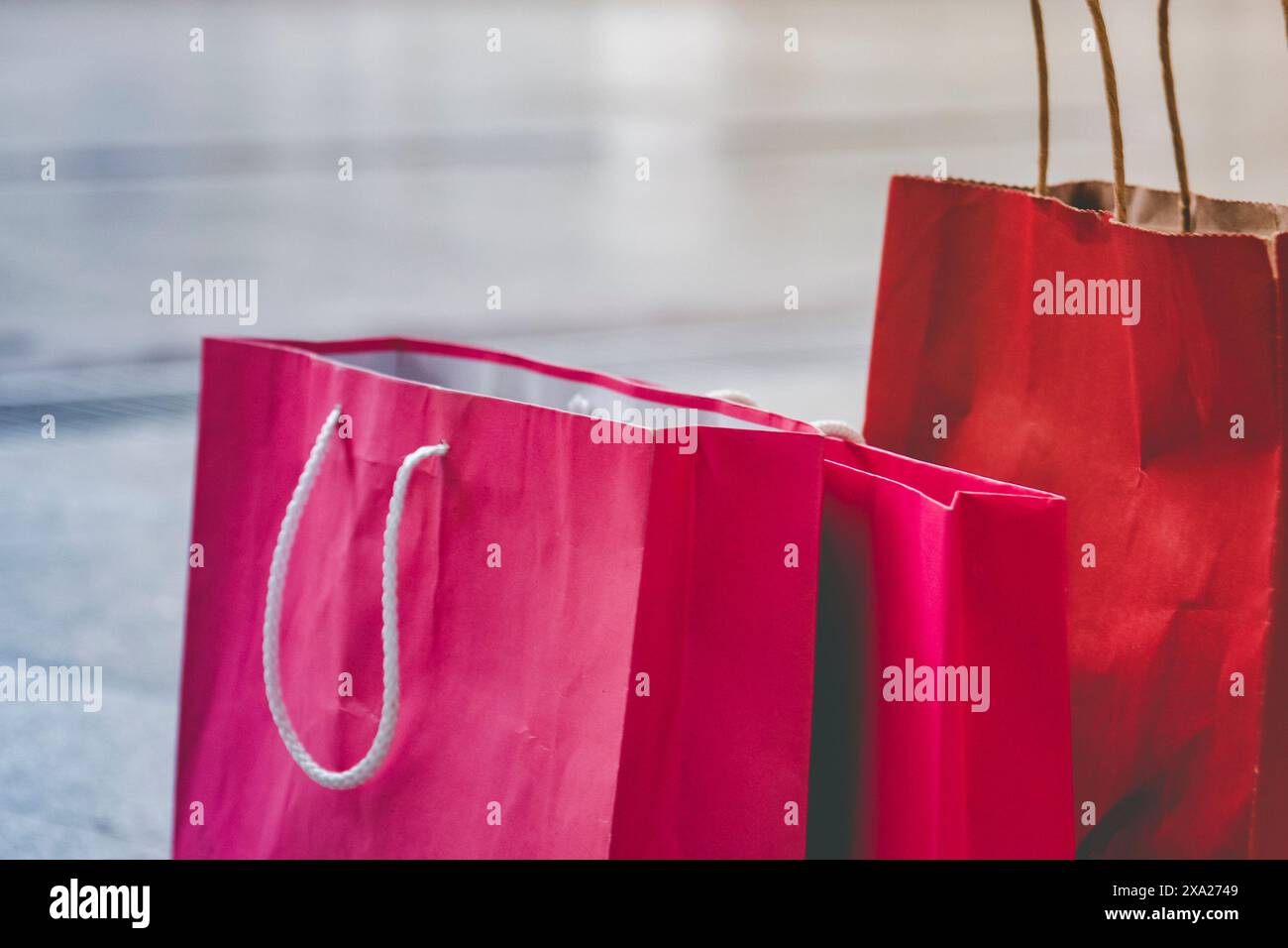 Borse per lo shopping di donne pazze per lo shopping al centro commerciale di moda al coperto. La donna alla moda ama il sito Web di shopping online con tag di vendita. E-comme Foto Stock