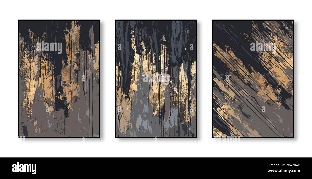 Tre opere d'arte in tela incorniciate con lamina metallica nelle tonalità di grigio, oro e nero Foto Stock