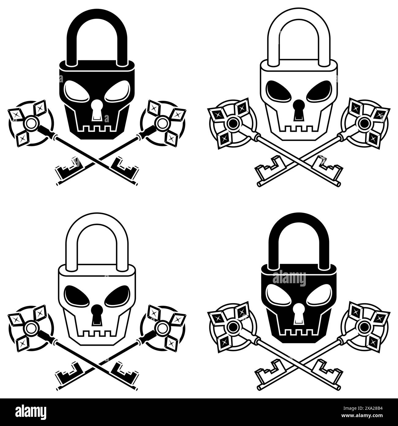 Design vettoriale del lucchetto a forma di teschio con vecchie chiavi, lucchetto con volto satanico Illustrazione Vettoriale