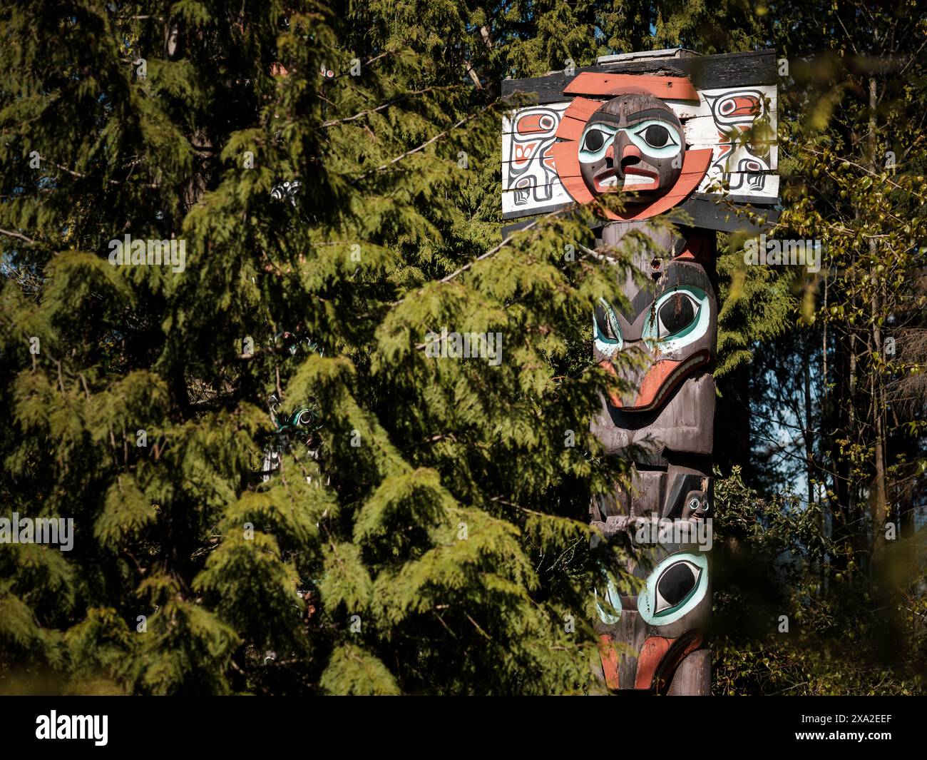 I famosi pali totemici all'interno di Stanley Park, Vancouver, Canada. Foto Stock