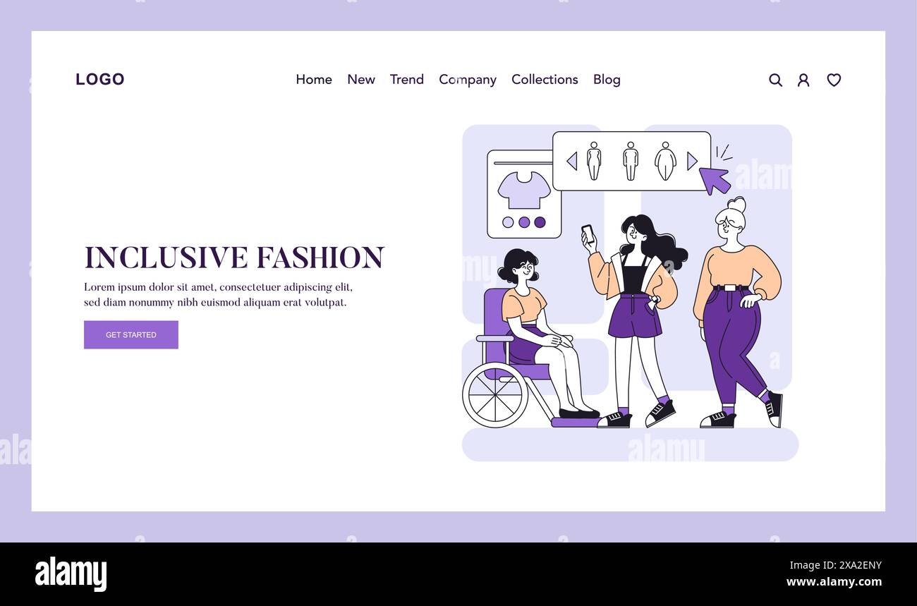 Concetto di moda inclusivo. Donne diverse che godono di scelte di moda accessibili. Positività corporea e rappresentazione della disabilità online. Illustrazione vettoriale. Illustrazione Vettoriale