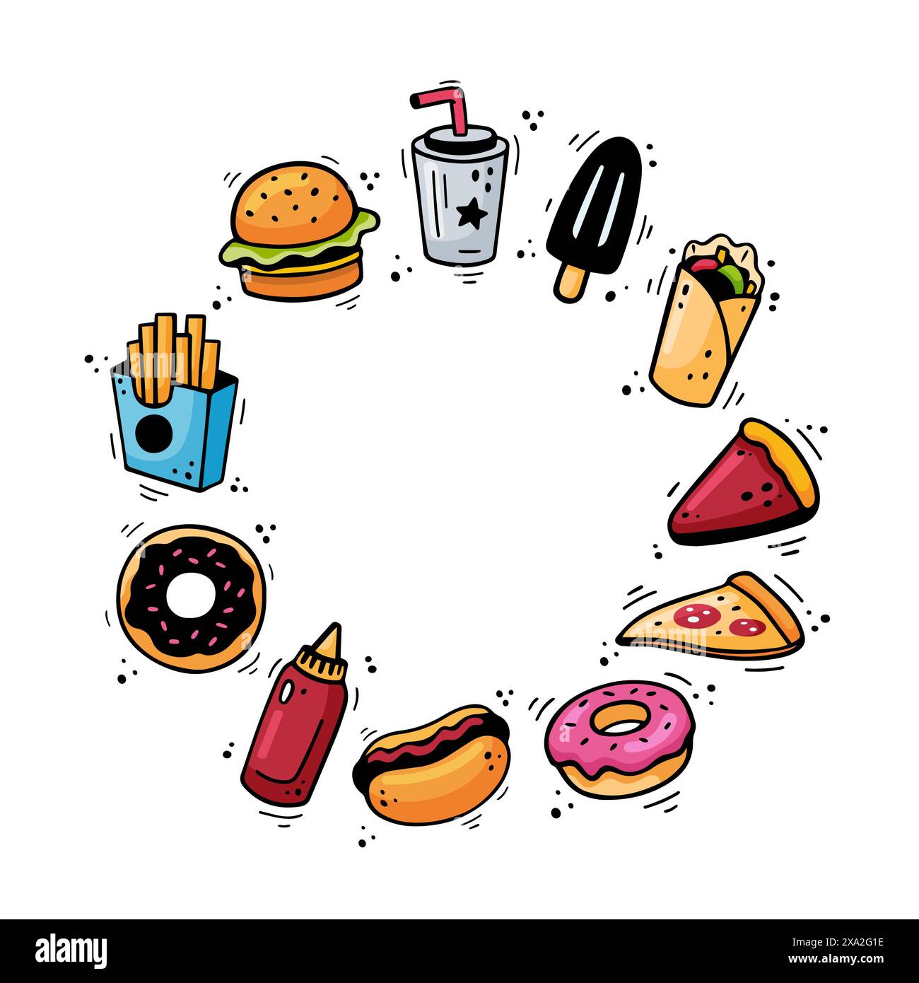 Telaio rotondo per fast food disegnato a mano, copia spazio. Struttura circolare Doodle Fast food. Illustrazione dei fast food in stile doodle. Illustrazione Vettoriale