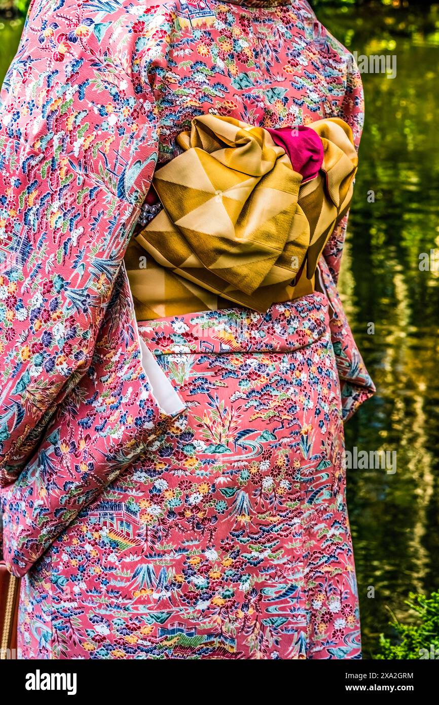 Colorato rosa tradizionale giapponese Kimono Gold Obi Kiyomizu Tempio buddista Kyoto Giappone. I kimono sono indumenti tradizionali giapponesi e la dre nazionale Foto Stock