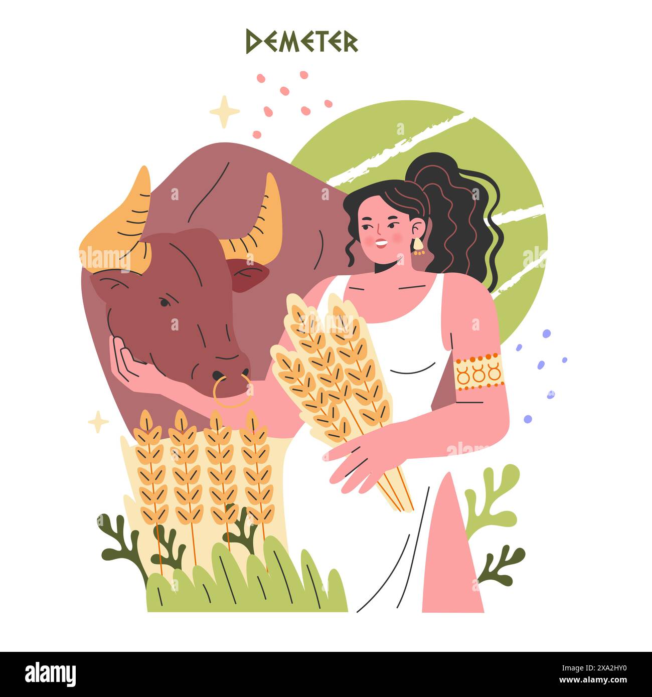 Demeter Greek Goddess Concept. Illustrazione della divinità del raccolto con frumento e toro in mezzo alla taglia della natura. L'antica mitologia, la femminilità e l'agricoltura si fondono. Illustrazione vettoriale. Illustrazione Vettoriale