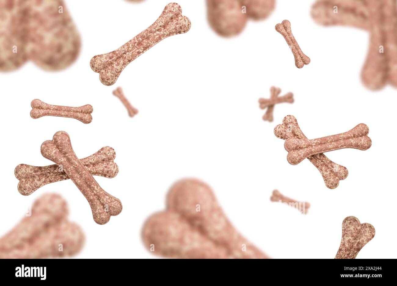 Ossa proteiche volanti e cadenti per cani, ossa di rawhide, biscotti per cani su sfondo bianco con spazio di copia. Foto Stock