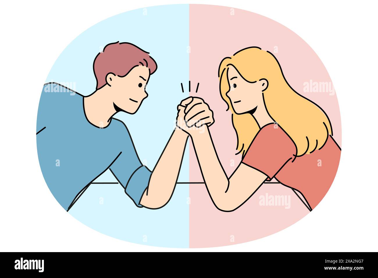 Lotta tra uomini e donne per il concetto di lotta per la leadership in famiglia. Un ragazzo con una ragazza compete chi è più forte competendo per la posizione nell'azienda o per la leadership nel team Illustrazione Vettoriale