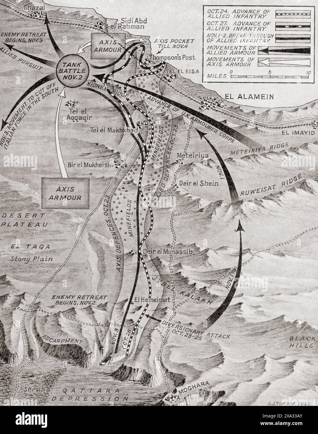 L'ottava armata colpisce. Mappa che mostra le fasi principali della seconda battaglia di El Alamein, 23 ottobre - 3 novembre 1942. Da The War in Pictures, quarto anno. Foto Stock