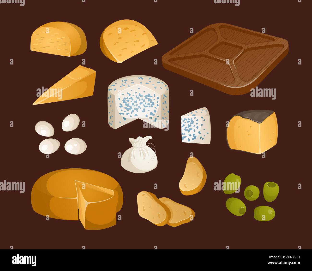 Set di diversi tipi di formaggi e antipasti per vino su sfondo marrone. Illustrazione vettoriale in stile realistico Illustrazione Vettoriale