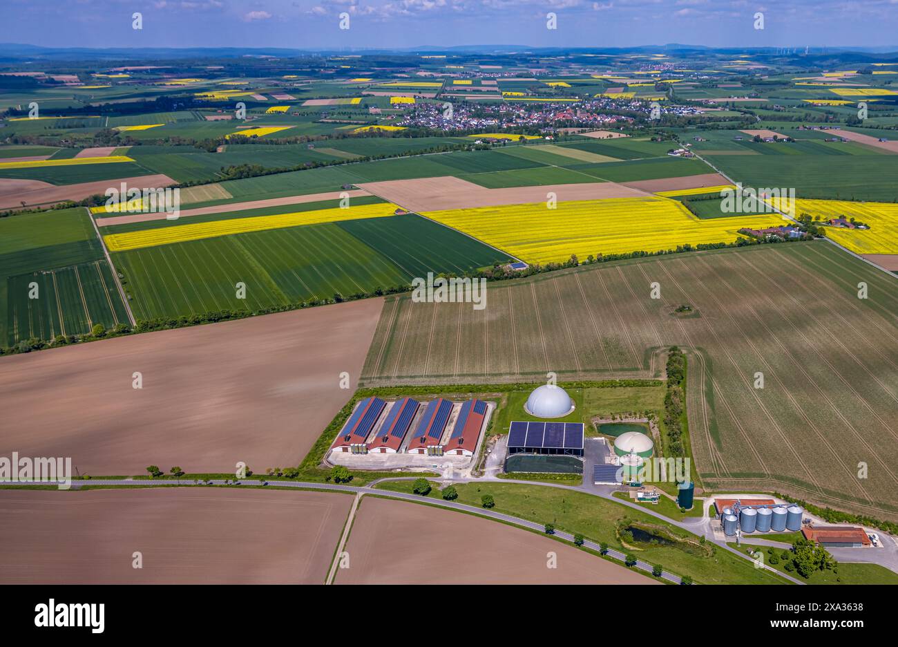 Vista aerea, impianto di biogas e fattoria con tetto solare, Gutsverwaltung Gut Dinkelburg Graf von Westphalen, vista lontana del cielo blu e dei prati piastrellati e. Foto Stock