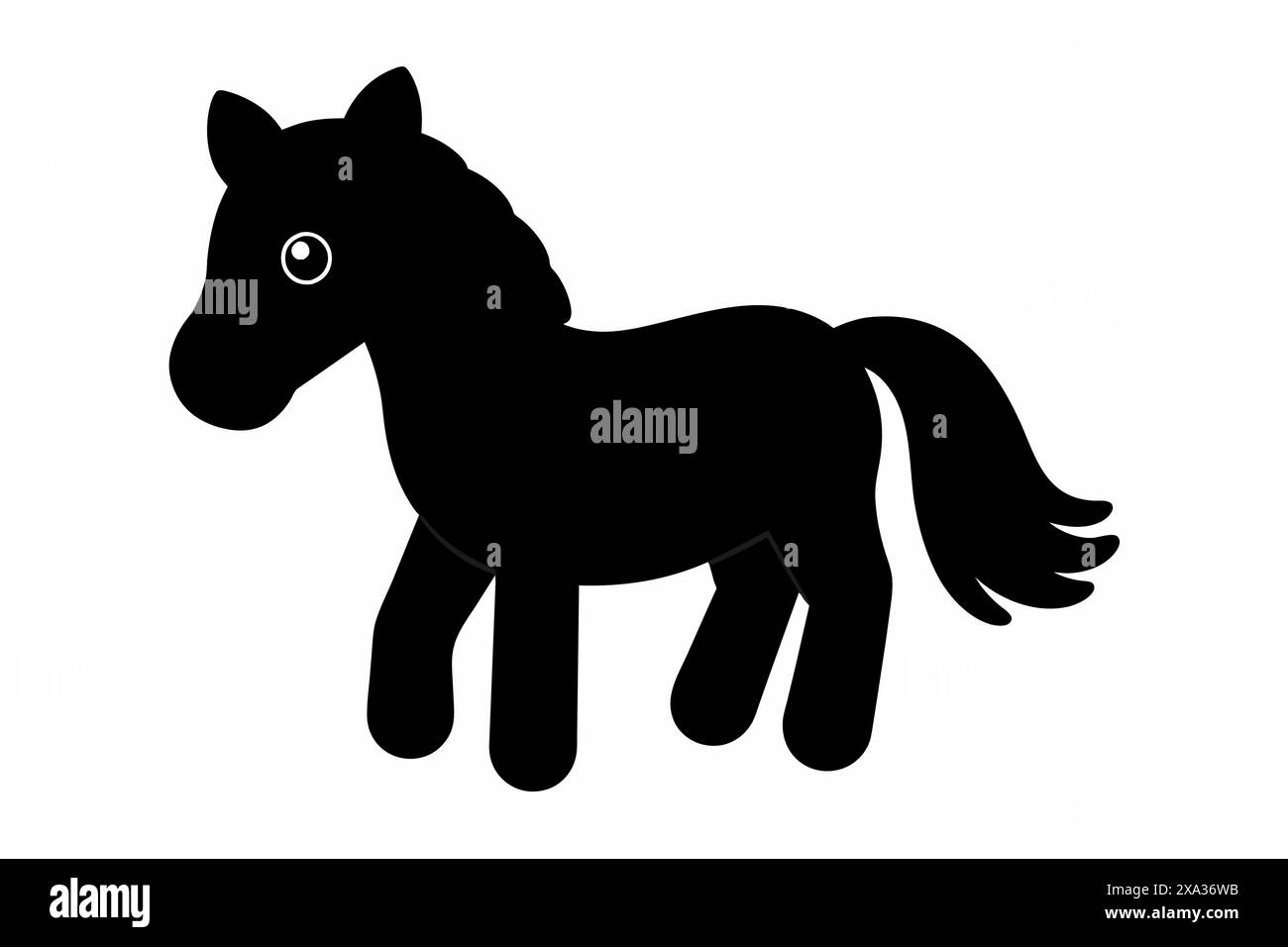 Silhouette nera di un cavallo giocattolo isolato su sfondo bianco. Concetto di puledro, illustrazione di animali selvatici, stile cartoni animati, simpatico pony. Stampa, icona, logo Illustrazione Vettoriale