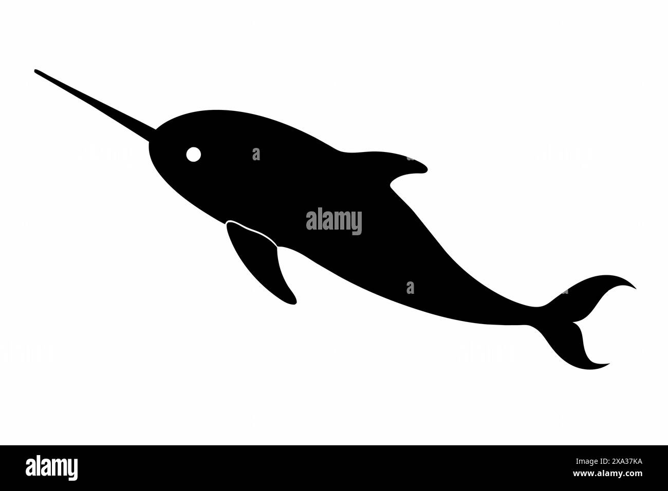 Silhouette nera di un narwhal isolato su sfondo bianco. Concetto di illustrazione di animali marini, design minimalista narwhal. Stampa, icona, logo, TEM Illustrazione Vettoriale