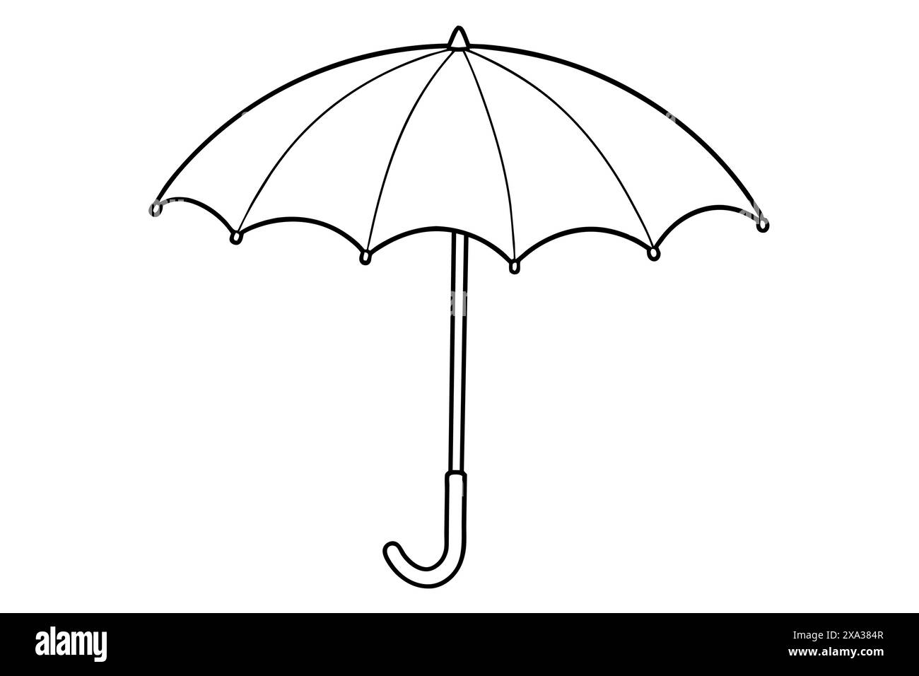 Contorno nero di un ombrello aperto isolato su sfondo bianco. Concetto di protezione dalla pioggia, stile minimalista e illustrazione delle condizioni atmosferiche per la stampa, ICO Illustrazione Vettoriale