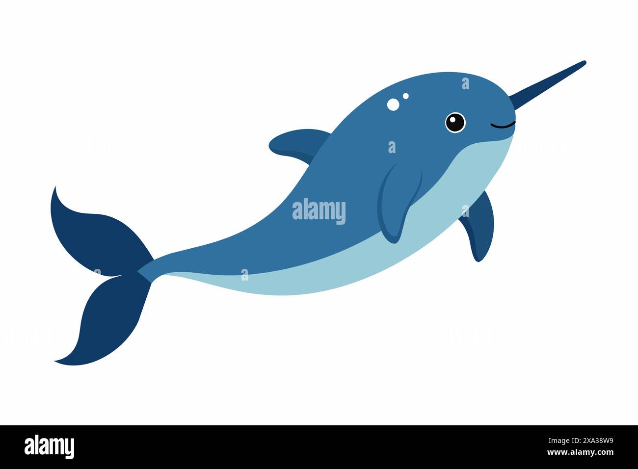 Grazioso narwhal blu che nuota isolato su sfondo bianco. Concetto di illustrazione della vita marina, unicorno marino stravagante, adorabile stile cartoni animati. Stampa, ic Illustrazione Vettoriale