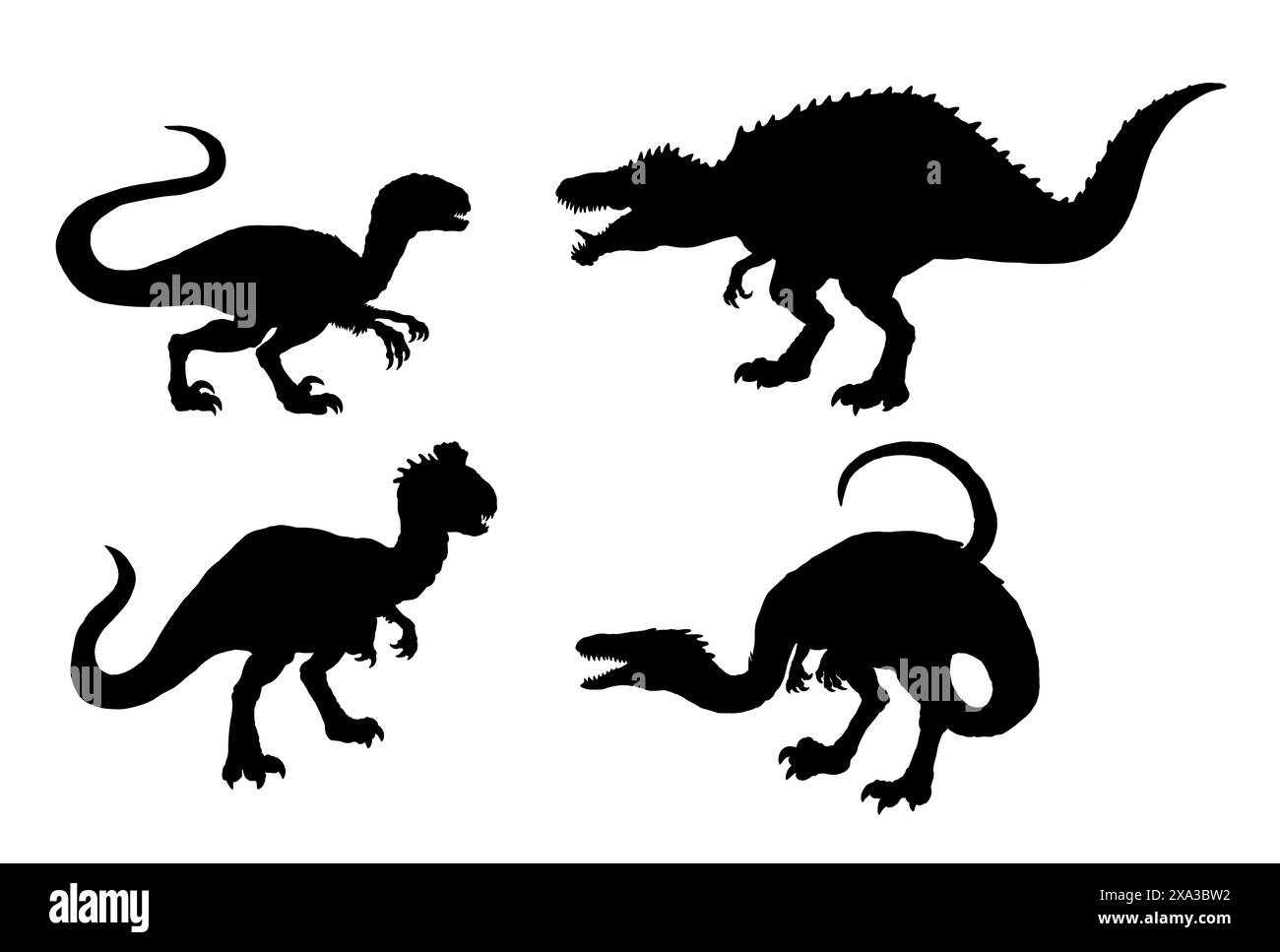 Silhouette nera di dinosauri carnivori. Velociraptor, Acrocanthosaurus, Crylophosaurus e Coelophysis. Illustrazione dell'icona. Foto Stock
