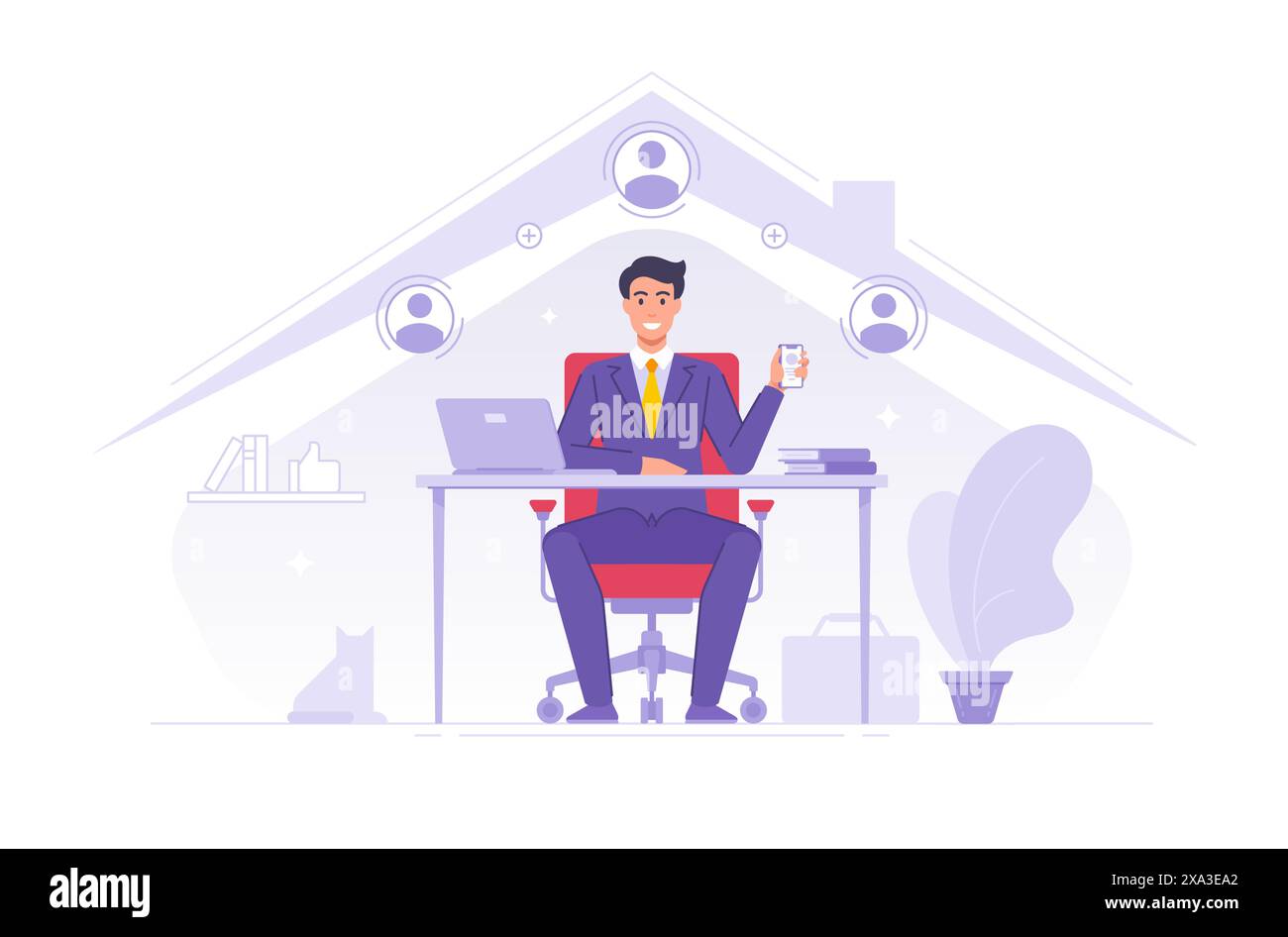 Uomo d'affari che utilizza l'app per lavorare in remoto a casa illustrazione vettoriale. Personaggio cartoni animati piatto manager maschile in completo seduto al tavolo e mostrando smartp Illustrazione Vettoriale