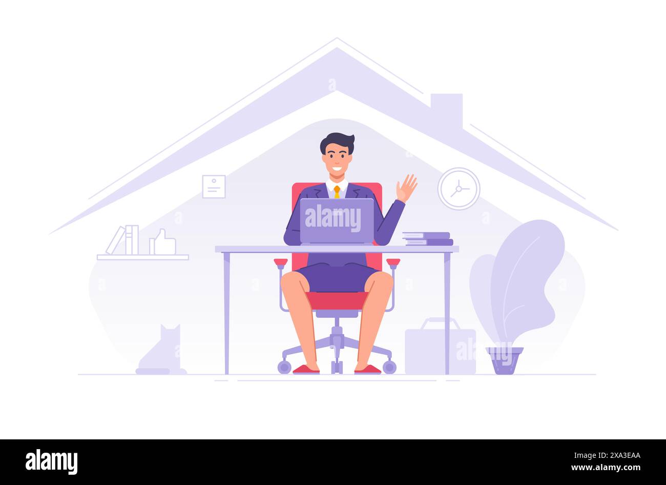 Illustrazione vettoriale di un manager di un uomo d'affari semi vestito che lavora a casa. Personaggio dei cartoni animati piatto sorridente e saluta i colleghi durante le videochiamate Illustrazione Vettoriale