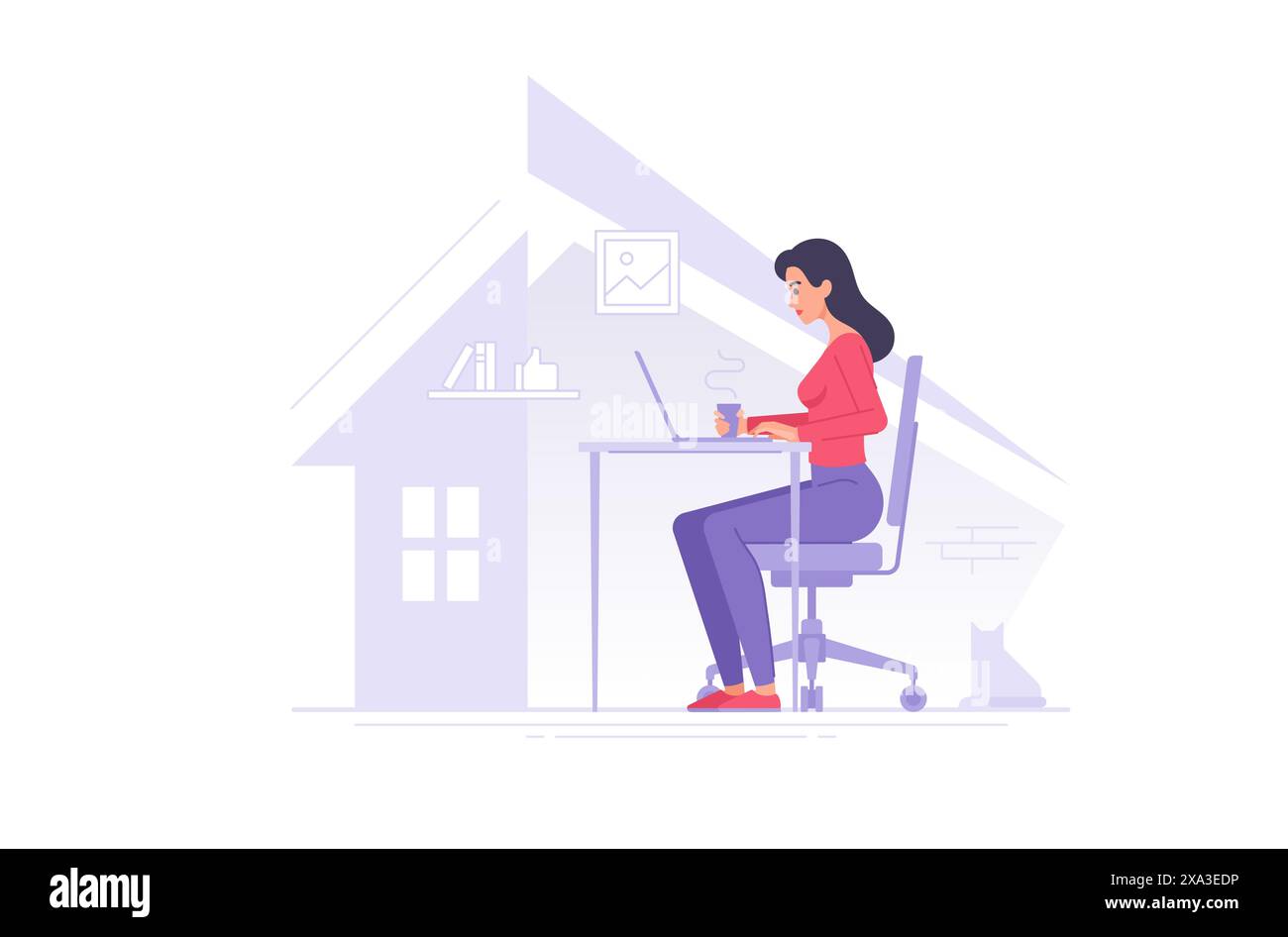 Libera professionista che lavora a casa illustrazione vettoriale. Personaggio di un cartone animato piatto con una tazza di bevanda calda seduta e tavolo e un laptop che sfoglia Illustrazione Vettoriale