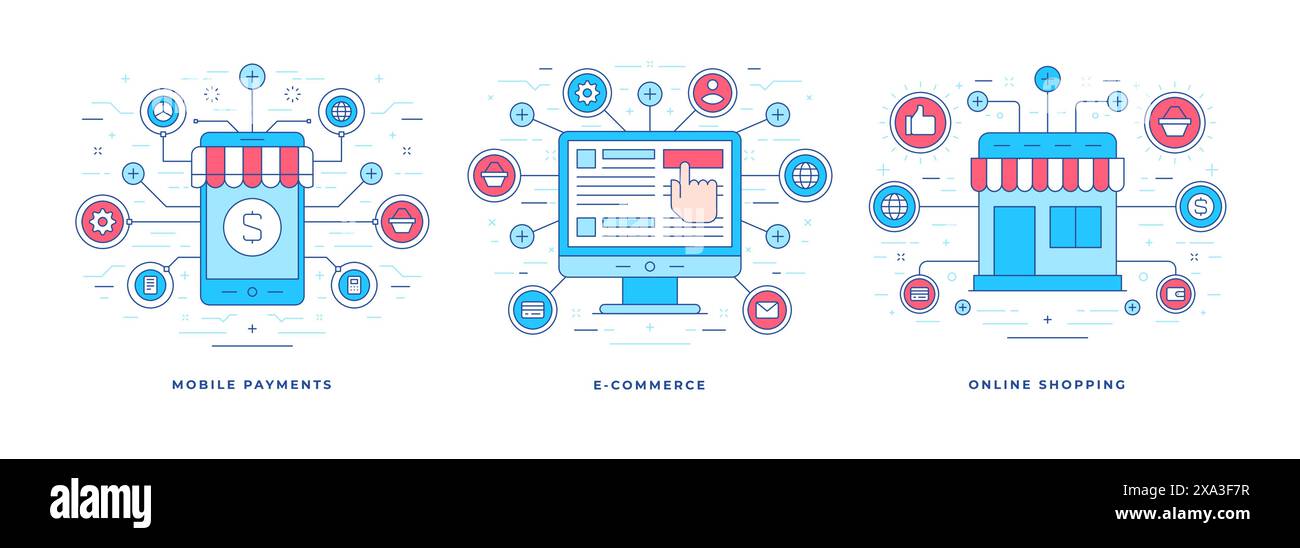 Set di illustrazioni vettoriali banner lineari piatti con icone grafiche progettate per servizi di e-commerce e shopping online convenienti. Stile lineare desig Illustrazione Vettoriale