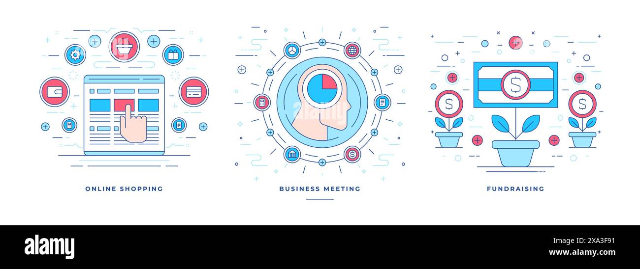 Set di illustrazioni vettoriali banner lineari piatti con icone grafiche create per varie promozioni di servizi di comunicazione e commercio online. st. Lineare Illustrazione Vettoriale